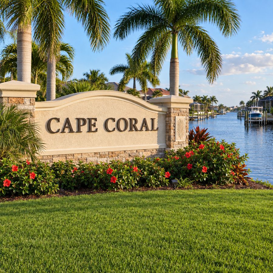Town entrance sign reading Cape Coral beside a canal